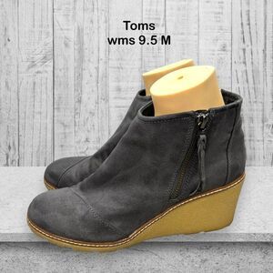 Toms Avery Gray Fabric Zip Mid Wedge Ankle Bootie Womens Size 9.5 M